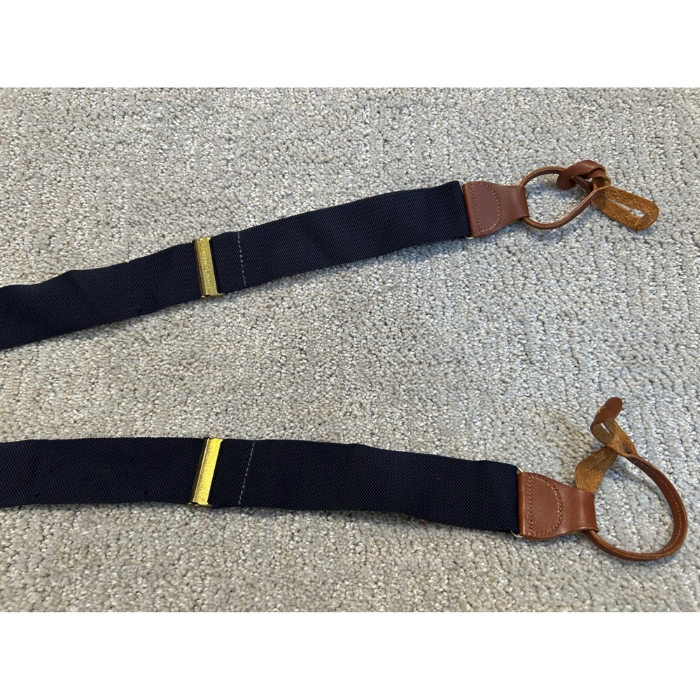 Dooney & Bourke Mens Suspenders Navy‎ Blue Brown Leather Button Braces Vintage